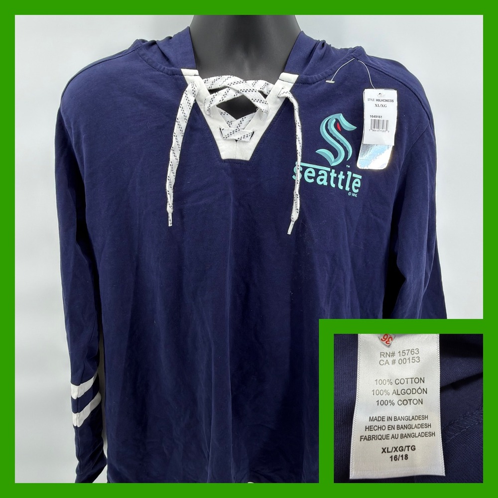 NWT Seattle Kraken NHL Lace Up Hoodie Shirt Youth XL 16/18 Navy Blue Hockey